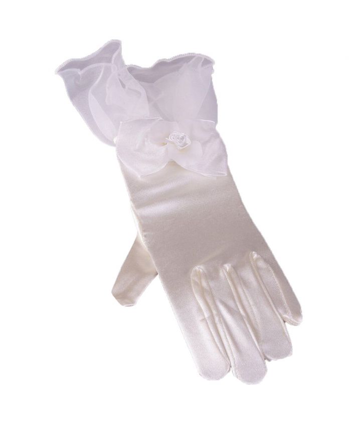 Ivoor satijnen bruidshandschoenen met organza strik en roosje