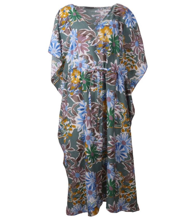 Jadegroene kaftan met bloemenprint