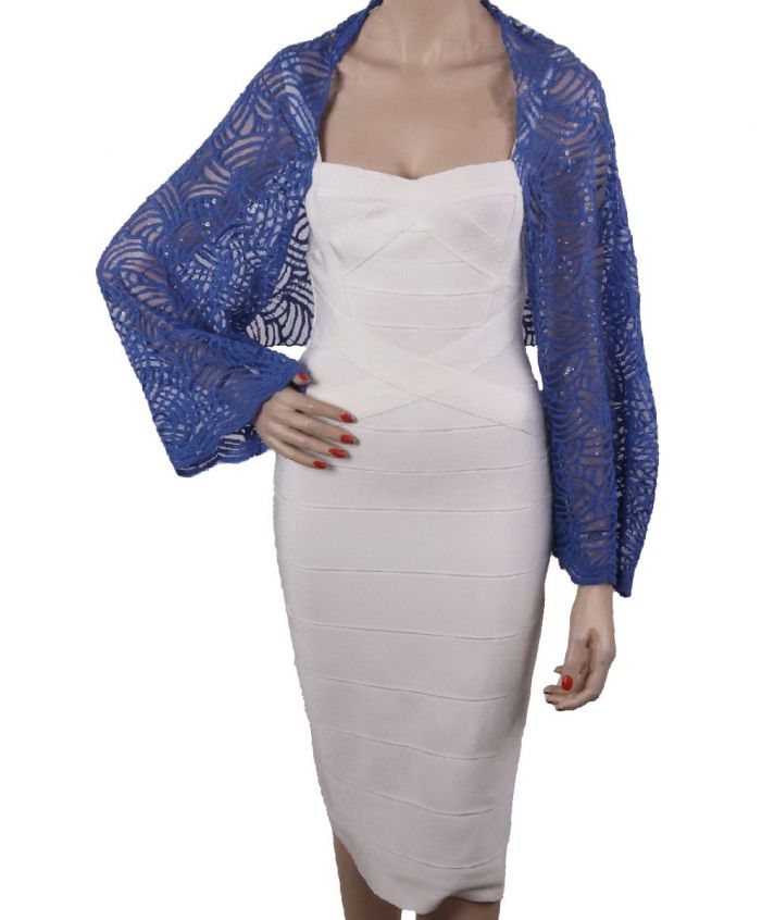 Jeansblauwe kanten bolero stola met ornament en pailletten