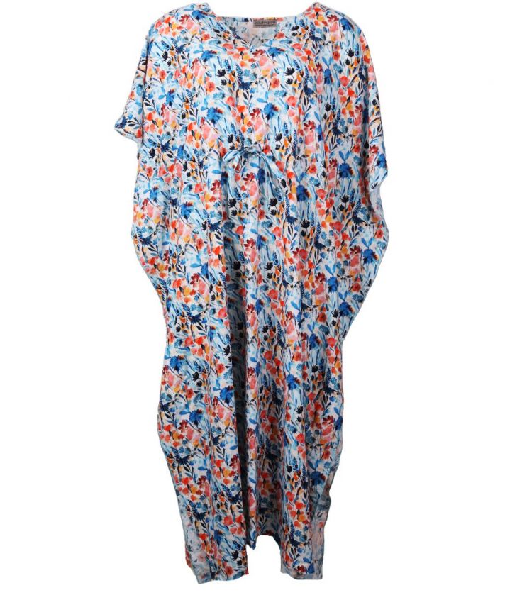 Kaftanjurk met bloemenprint in blauw en bruin-tinten