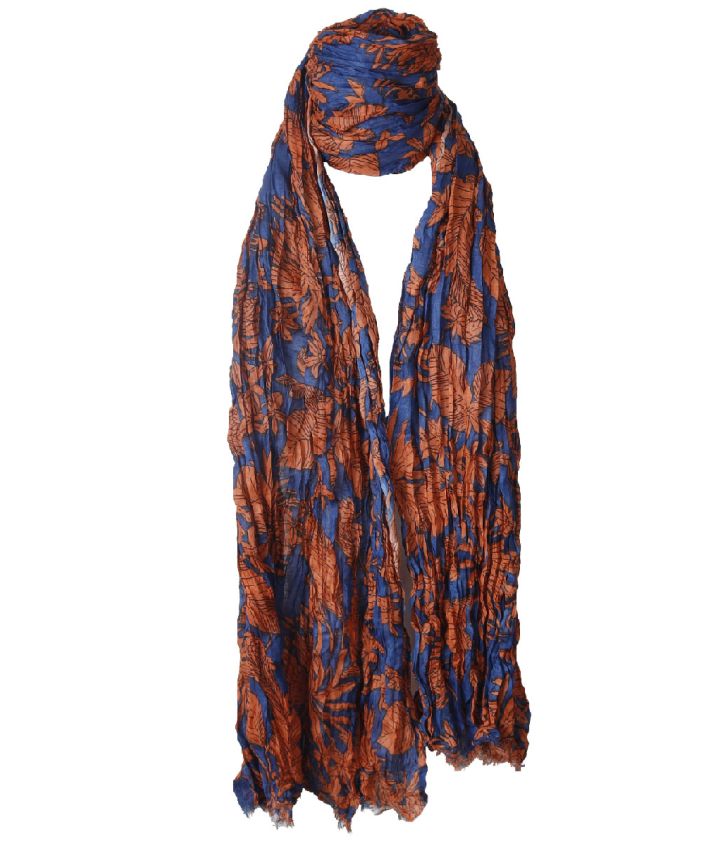 Katoenen sjaal in blauw met roest-oranje bloemen