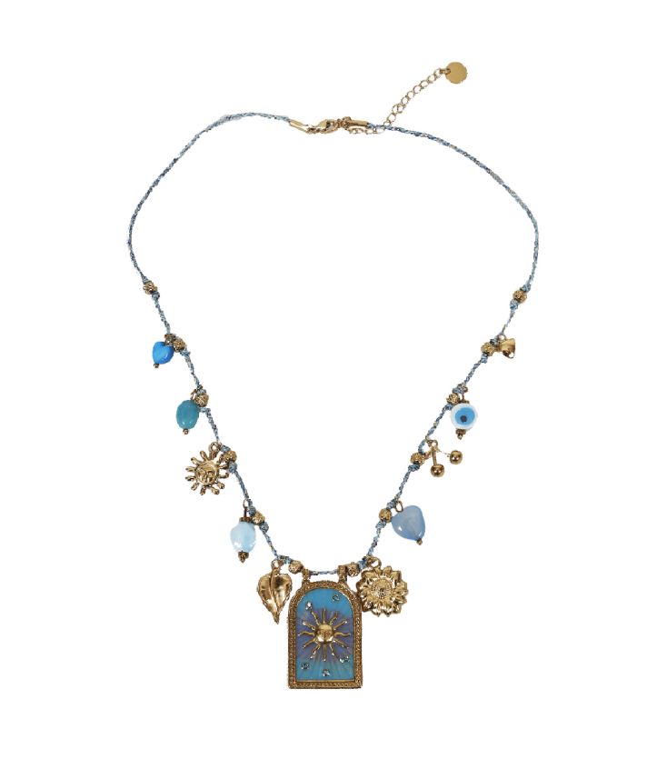 Gevlochten touwketting in turquoise met bedels