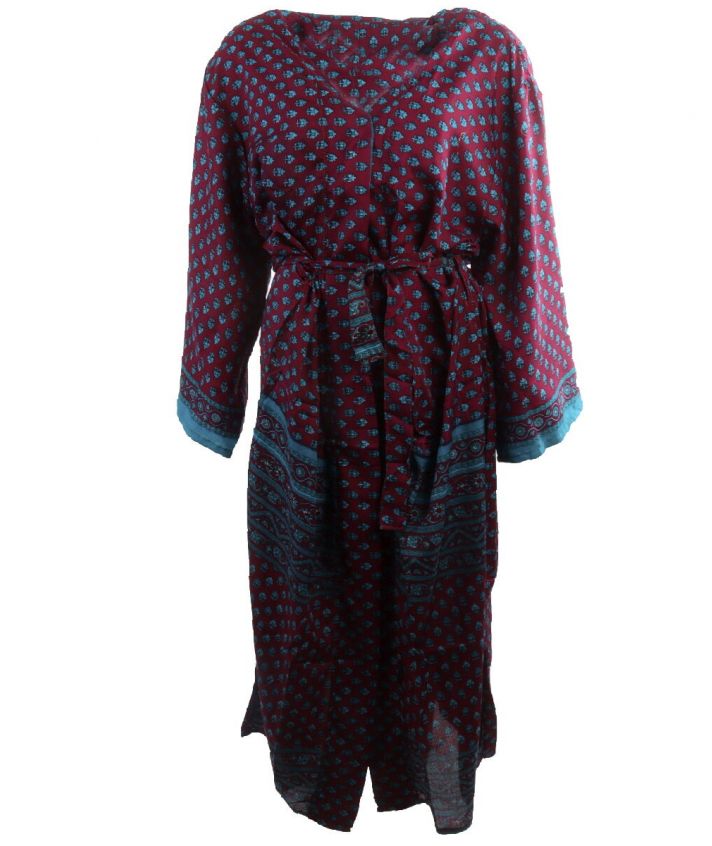 Lange zijde-blend kimono in wijnrood met bloemenprint