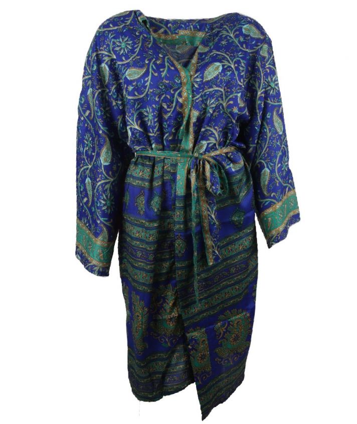 Kobaltblauwe zijde-blend kimono met bloemen