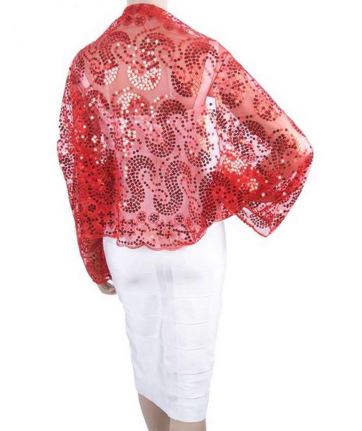 Rode tule bolero-stola met silvertone pailletten