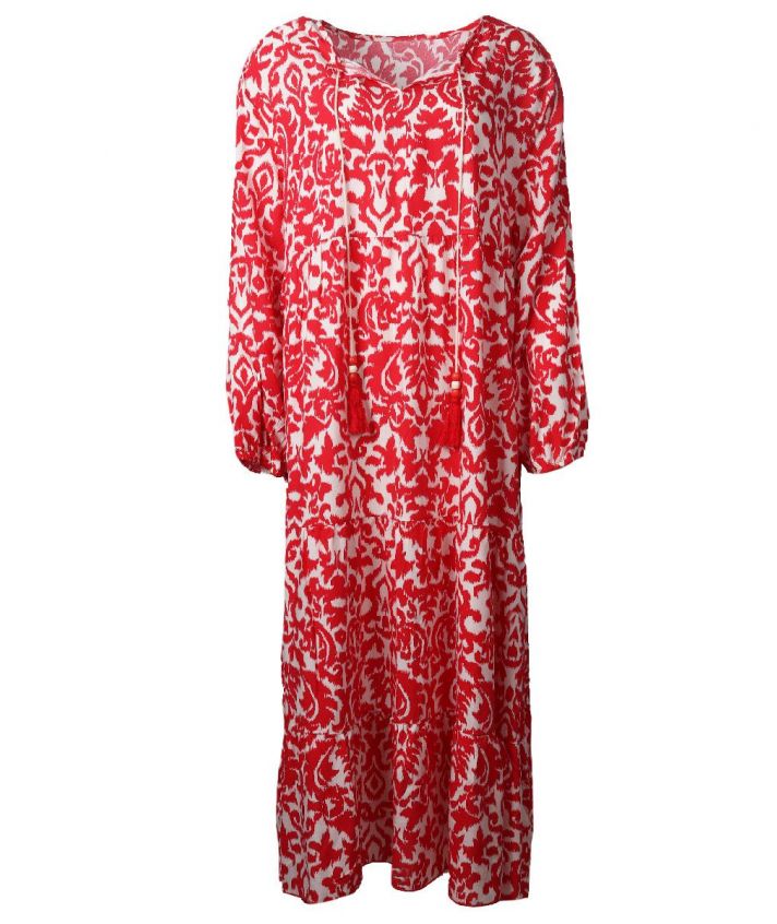 Lange jurk met rode ornament print en kwastjes