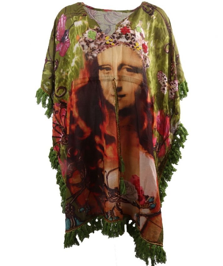 Lange katoenen kaftan met Mona Lisa print 
