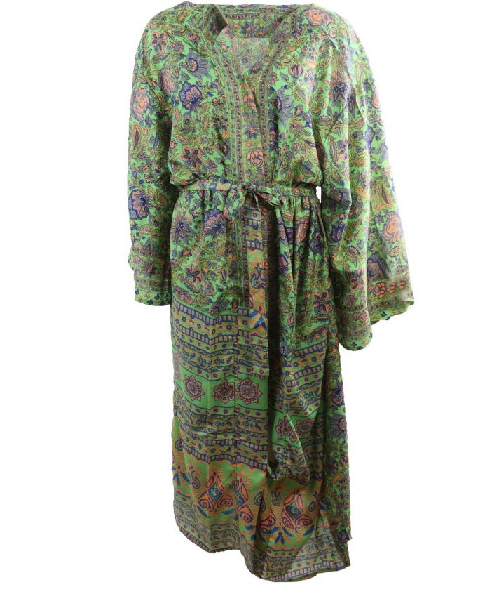 Lange zijde-blend kimono in limegroen met bloemenprint 