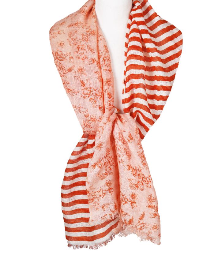 Linnen sjaal – strepen & floral print in oranje