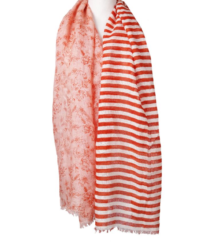 Linnen sjaal – strepen & floral print in oranje