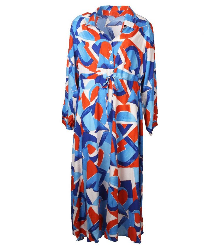 Maxi-jurk met grafische print in blauw en oranje
