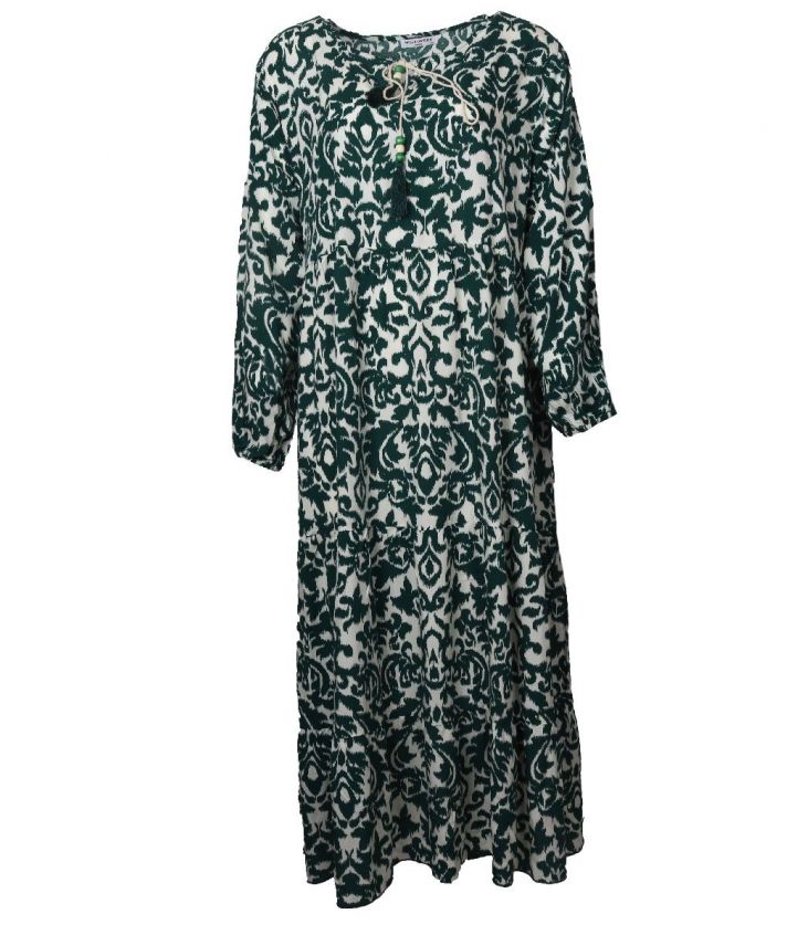 Lange jurk met groene ornament print en kwastjes