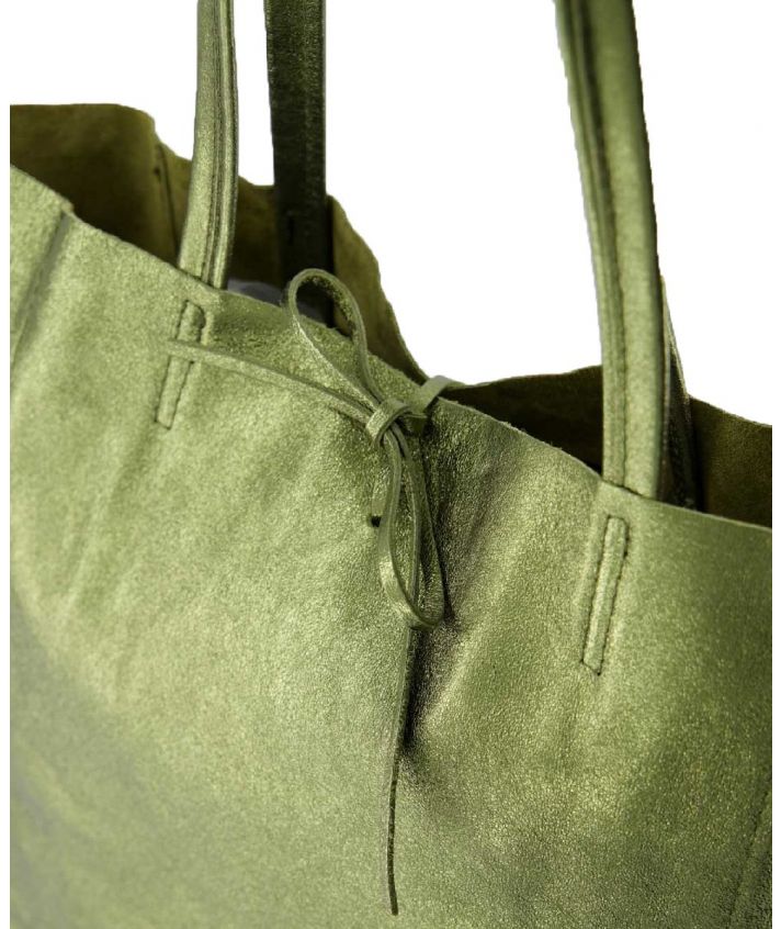 Lederen metallic shopper in olijfgroen
