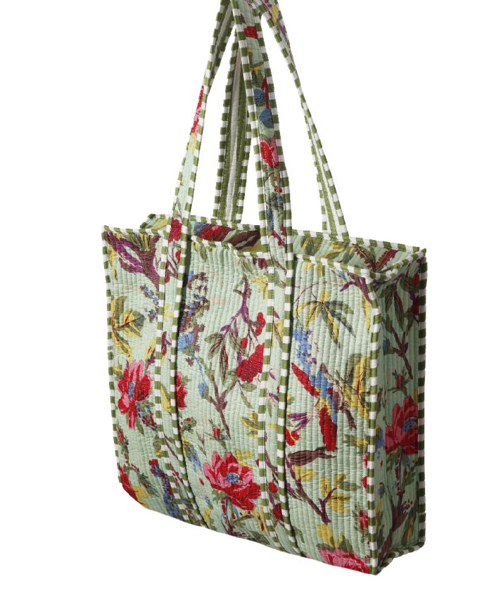 Gewatteerde schoudertas/shopper in mintgroen met vogelprint 