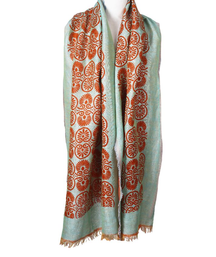 Mintgroene geweven sjaal met ornament print in oranje