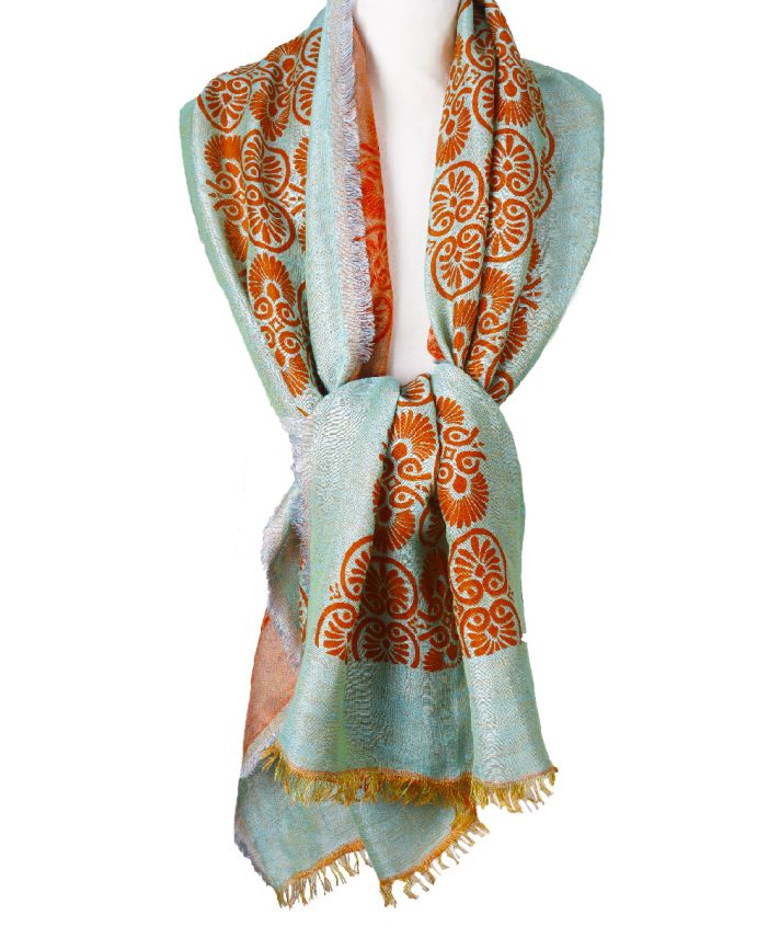 Mintgroene geweven sjaal met ornament print in oranje