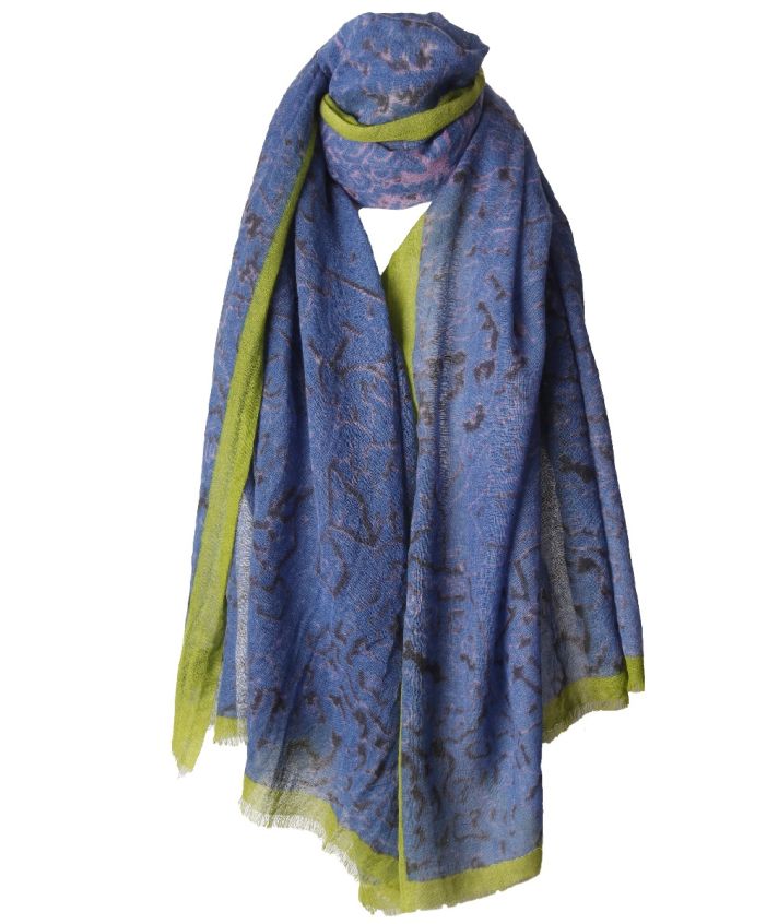 Wollen mousseline sjaal in blauw en limegroen