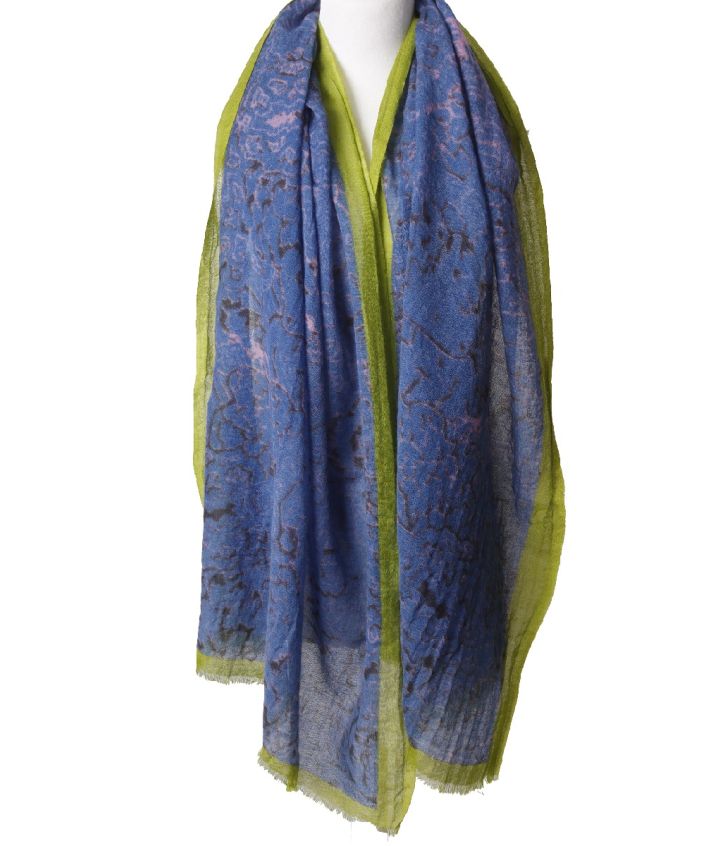 Wollen mousseline sjaal in blauw en limegroen