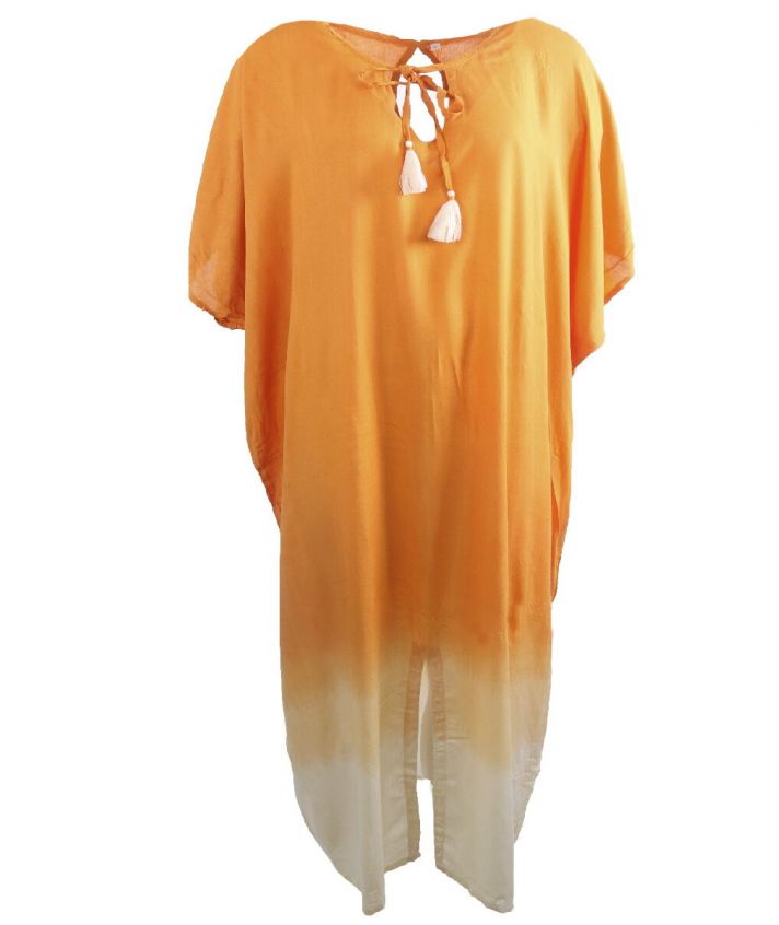 Lange kaftan in zacht-oranje met kwasten franjes