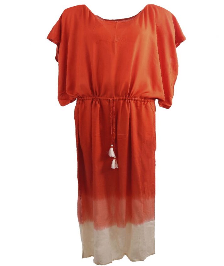 Lange kaftan in donker-oranje met kwasten franjes
