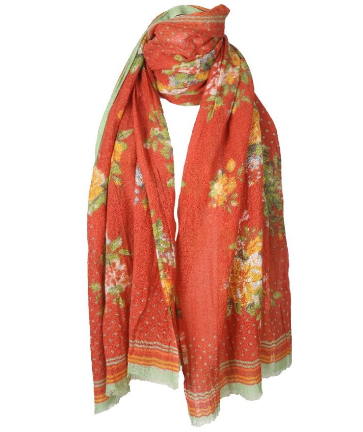 Oranje wollen sjaal met bloemenprint