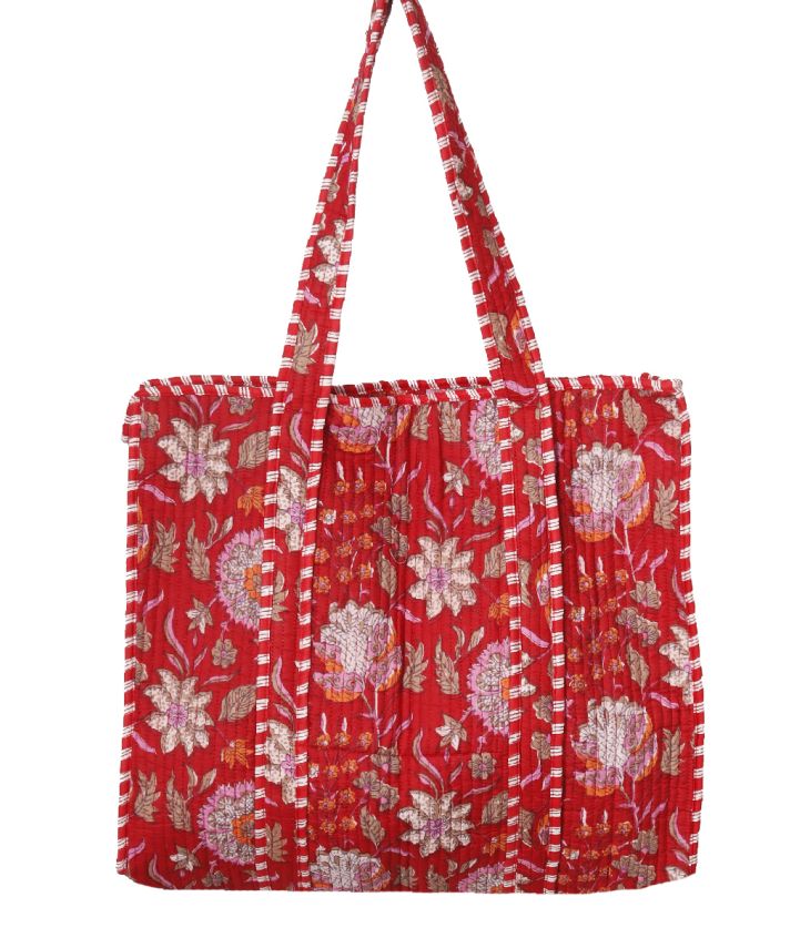 Gewatteerde schoudertas/shopper in rood met bloemenprint 
