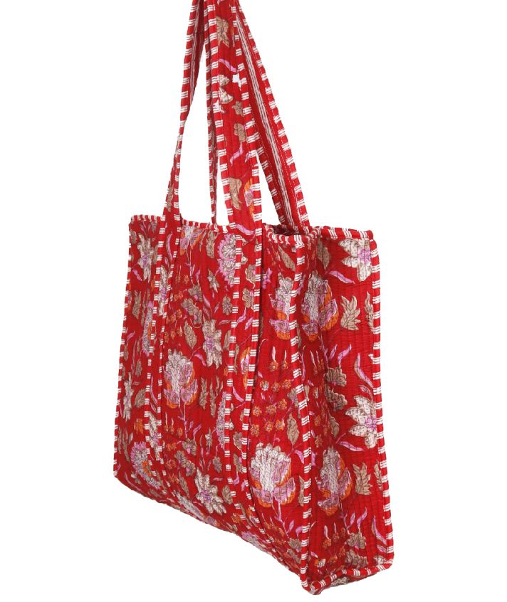 Gewatteerde schoudertas/shopper in rood met bloemenprint 