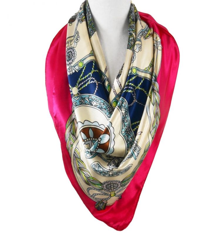Ivoorkleurige sjaal met fuchsia-donkerblauw en kwasten print
