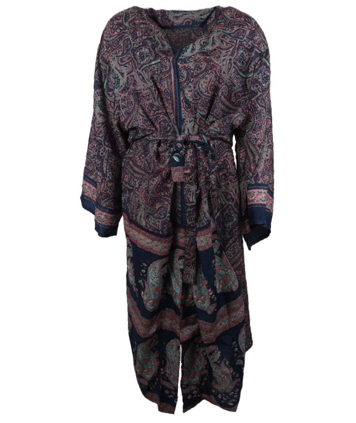 Lange donkerblauwe zijde-blend kimono met paisley print in roze