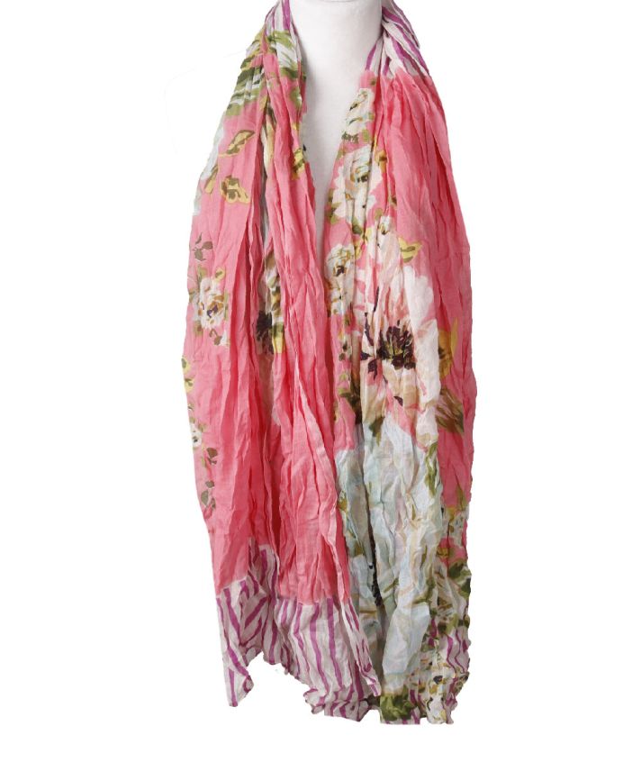 Katoenen sjaal bloemen en-strepen in roze