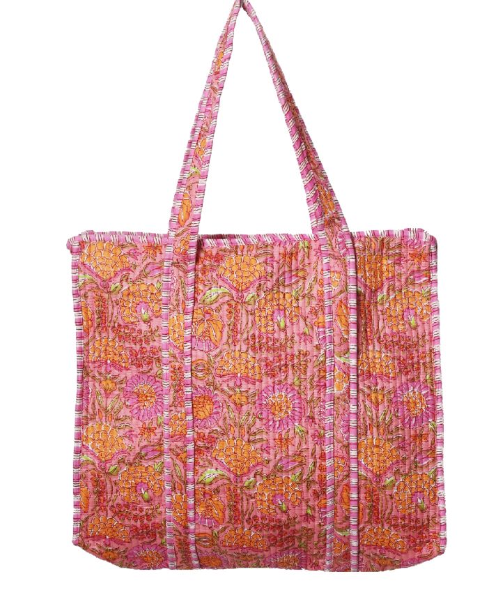 Gewatteerde shopper/schoudertas in roze met bloemenprint in oranje