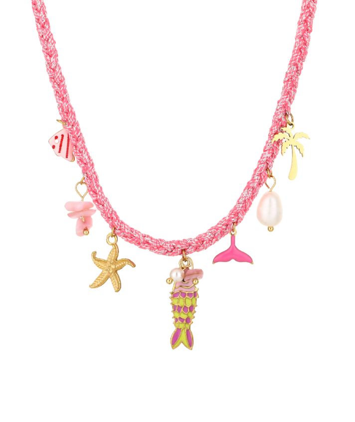 Roze touwketting met tropische bedels