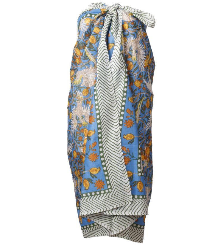 Katoenen sarong met vogel print in blauw
