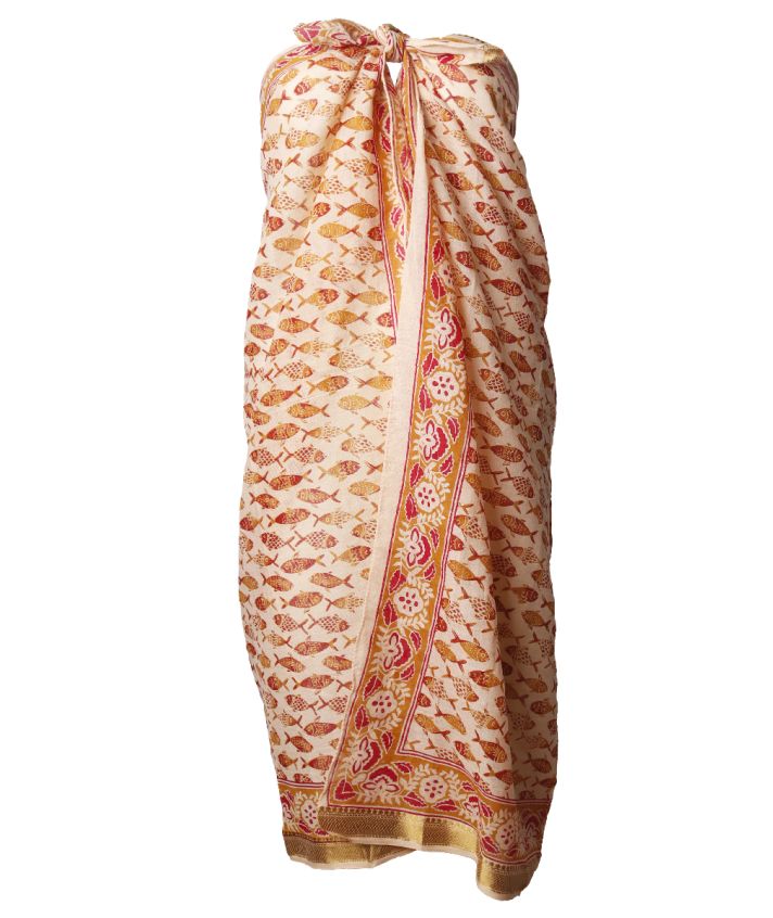 Sarong met visjes in rood en okergeel