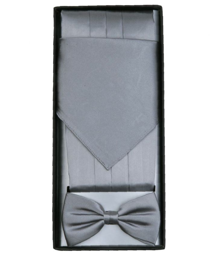 Set met cumberband, pochet en smokingstrik in zilvergrijs satijn