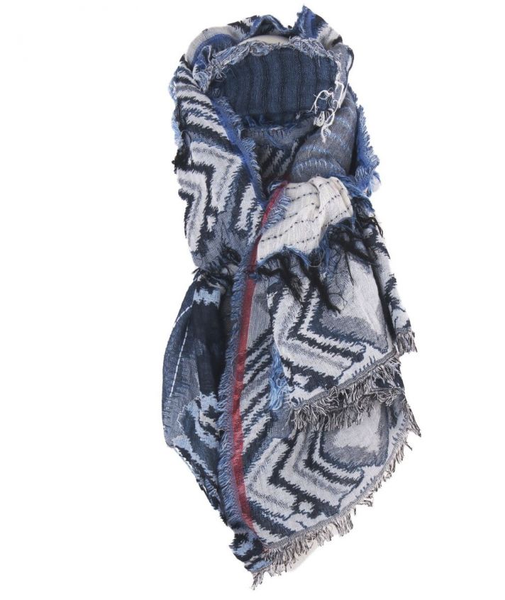 Dubbeldoeks franje sjaal in tinten denimblauw