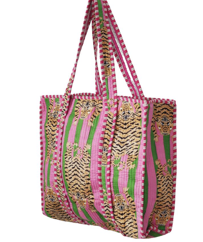 Gewatteerde schoudertas/shopper in roze-groen met tijgerprint