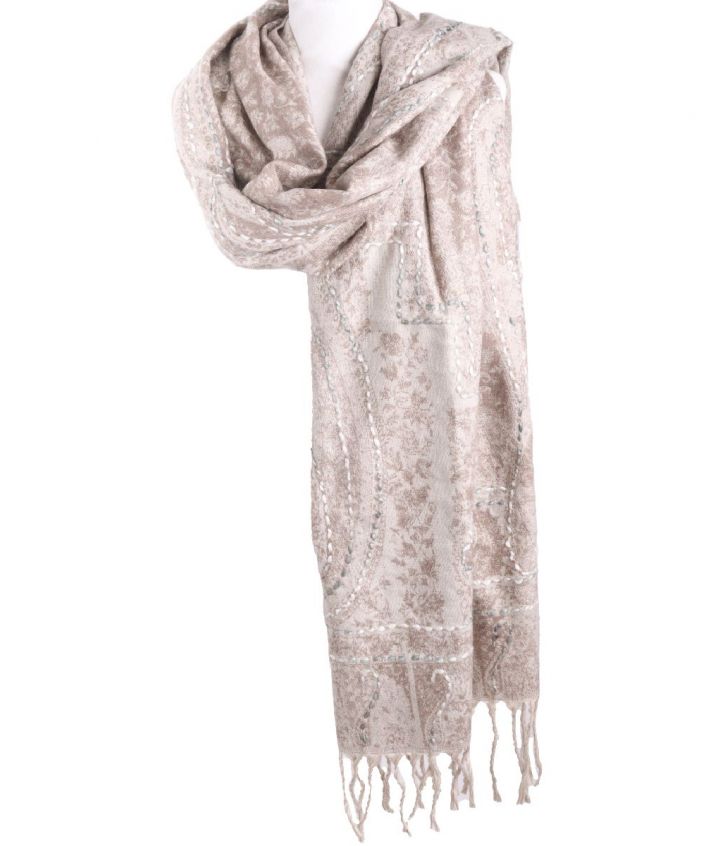 Pashmina sjaal/omslagdoek in lichtbeige met geweven paisley