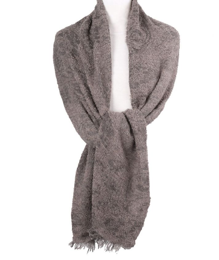 Donker taupe mohair-blend bouclé sjaal met geweven paisley  