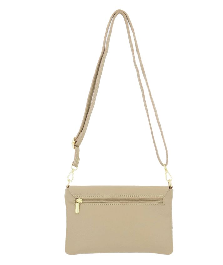 Leren fold-over clutch in taupe