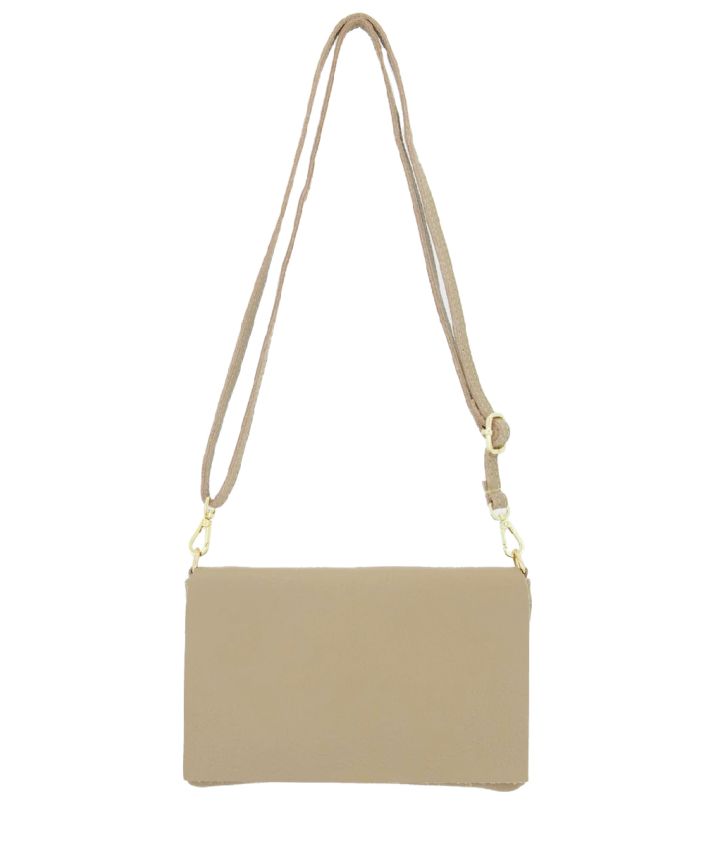 Leren fold-over clutch in taupe