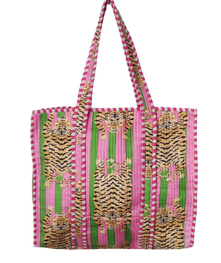 Gewatteerde schoudertas/shopper in roze-groen met tijgerprint