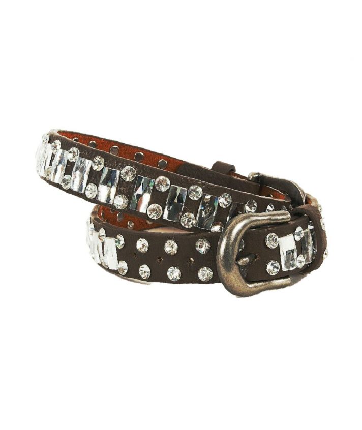 trendy set donkerbruine lederen laars riempjes met kristallen strass