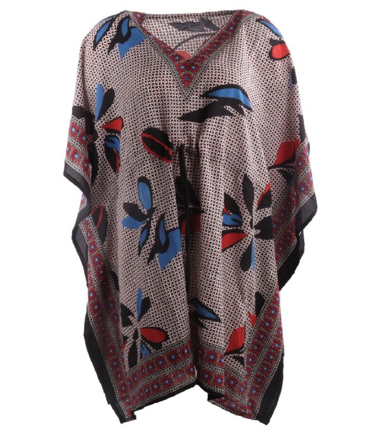 Korte kaftan met bloemenprint in blauw en donkerrood