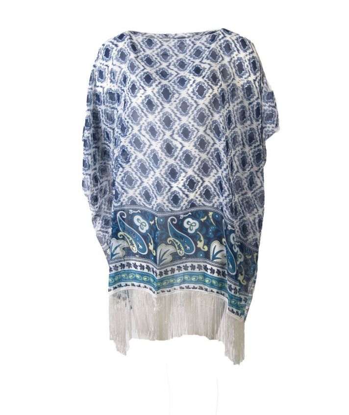 Tuniek met blauw-witte dessin en lange franjes