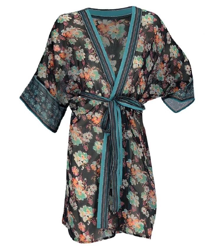 Zwarte voile kimono met bloemenprint