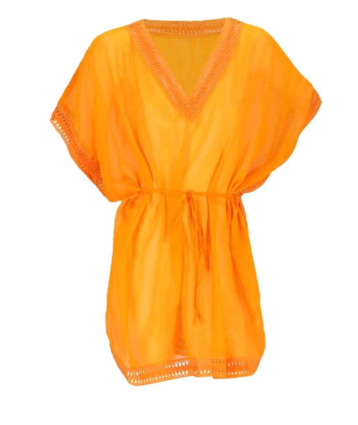 Korte voile kaftan in warmgeel met V-hals