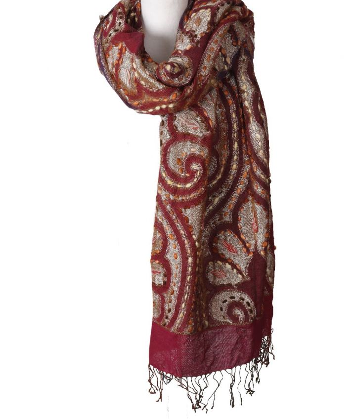 Wijnrode sjaal/omslagdoek met goudkleurige lurex