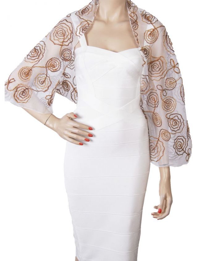 Bolero stola van witte tricot-tule versierd met woldraad