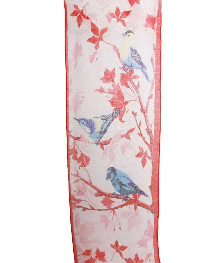 Witte linnen sjaal – bloemen & vogelprint
